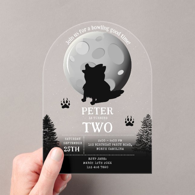 Cute Wolf Pack Woodland Moon Howling Birthday Acrylic Invitations (Insitu (Handheld))
