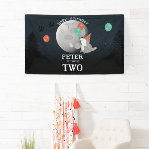 Cute Wolf Pack Woodland Moon Howling Birthday Banner