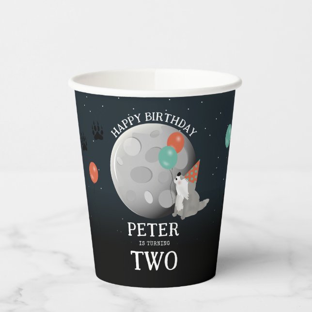 Cute Wolf Pack Woodland Moon Howling Birthday Paper Cups (Left)