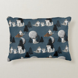Cute Wolf Pack Woodland Night Baby Nursery Decorative Cushion