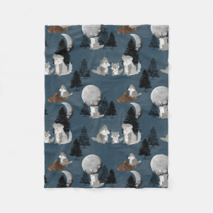Cute Wolf Pack Woodland Night  Fleece Blanket
