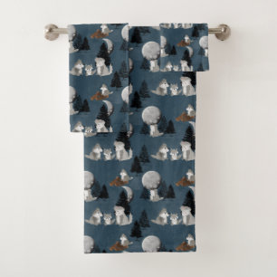 Cute Wolf Pack Woodland Night Moon Kids Bath Towel Set