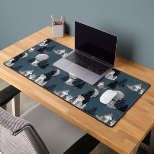 Cute Wolf Pack Woodland Night Sky Moon Desk Mat