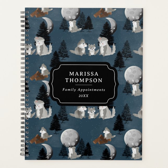 Cute Wolf Pack Woodland Night Sky Moon Family Planner (Front)