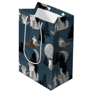 Cute Wolf Pack Woodland Night Sky Moon Medium Gift Bag