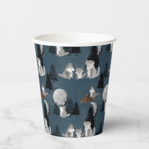 Cute Wolf Pack Woodland Night Sky Moon Paper Cups