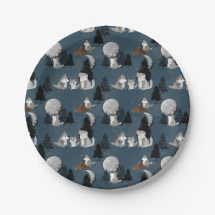 Cute Wolf Pack Woodland Night Sky Moon Paper Plate