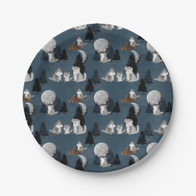 Cute Wolf Pack Woodland Night Sky Moon Paper Plate (Front)