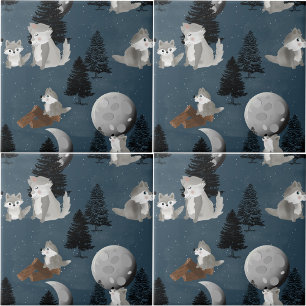 Cute Wolf Pack Woodland Night Sky Moon Tile