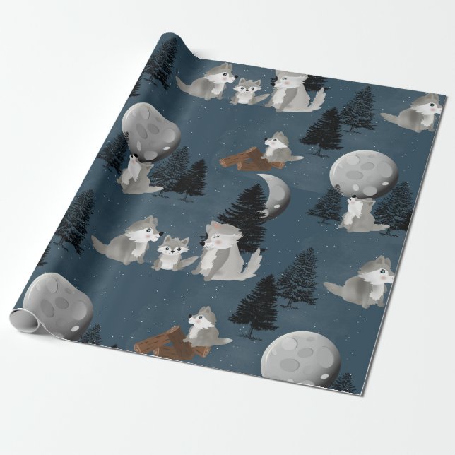 Cute Wolf Pack Woodland Night Sky Moon Wrapping Paper (Unrolled)