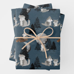 Cute Wolf Pack Woodland Night Sky Moon Wrapping Paper Sheet