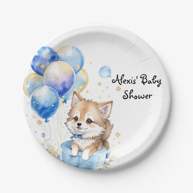 Cute Wolf Pup Boy Baby Shower Paper Plate (Front)