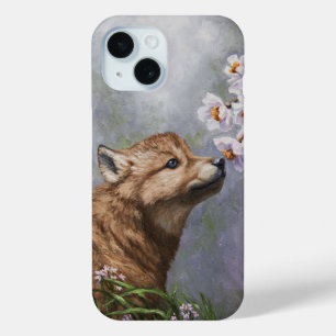Cute Wolf Puppy Sniffing Flower Blossoms iPhone 15 Case