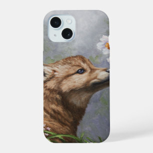 Cute Wolf Puppy Sniffing Flower Blossoms iPhone 15 Case