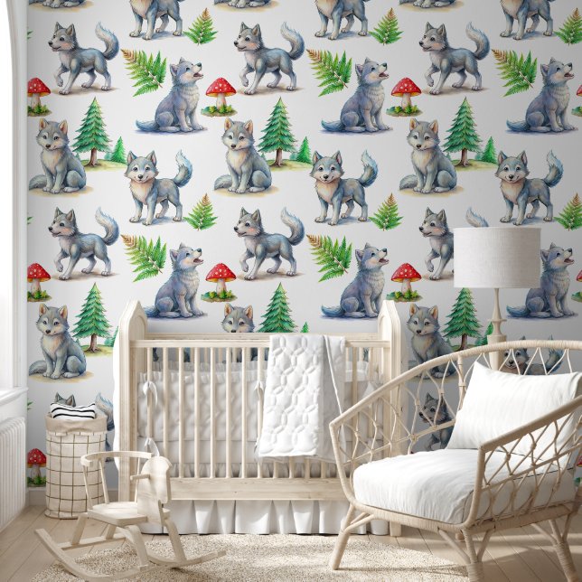 Cute wolf puppy woodland animals nursery decor wallpaper (Kids)
