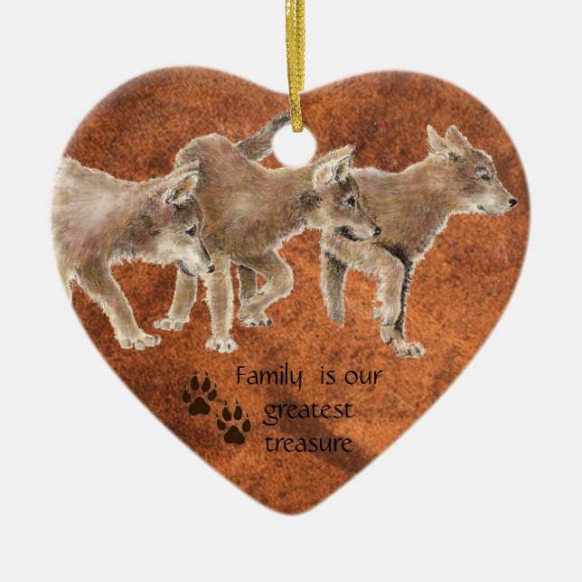 Cute Wolf pups - Family is our greatest Treasure Ceramic Tree Decoration (Front)