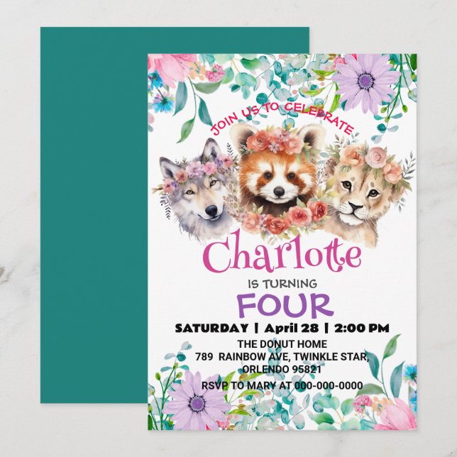 Cute Wolf racoon jungle Animals Birthday Floral Invitation (Front/Back)