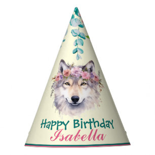 cute Wolf safari animals jungle Flower Birthday Party Hat