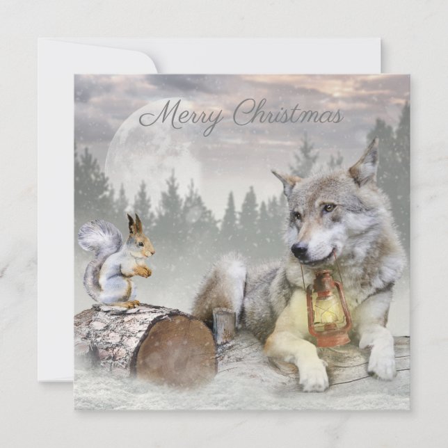 Cute Wolf Squirrel Winter Snow Forest Christmas Holiday Card (Front)