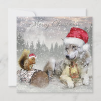 Cute Wolf Squirrel Winter Snow Forest Christmas