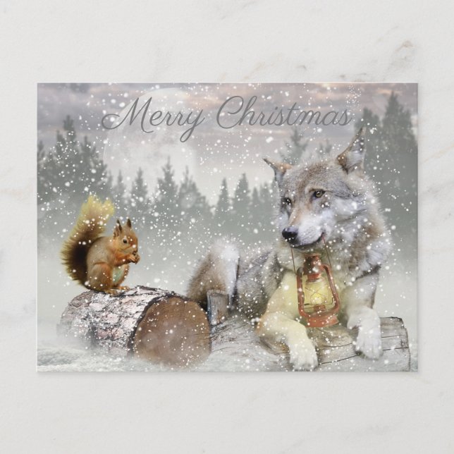 Cute Wolf Squirrel Winter Snow Forest Christmas Holiday Postcard (Front)