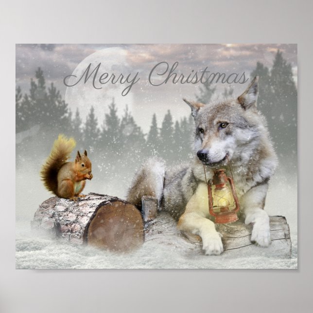 Cute Wolf Squirrel Winter Snow Forest Christmas Poster (Front)