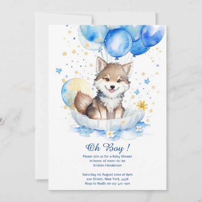 Cute Wolf Watercolor Boy Baby Shower Invitation (Front)
