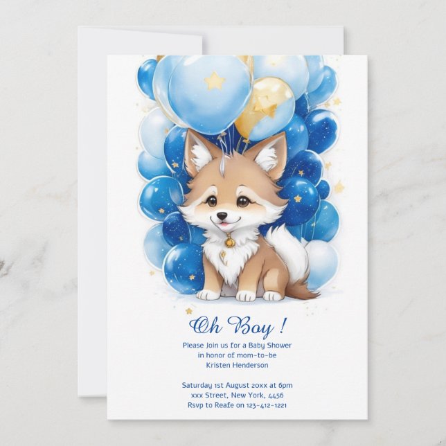 Cute Wolf Watercolor Boy Baby Shower Invitation (Front)