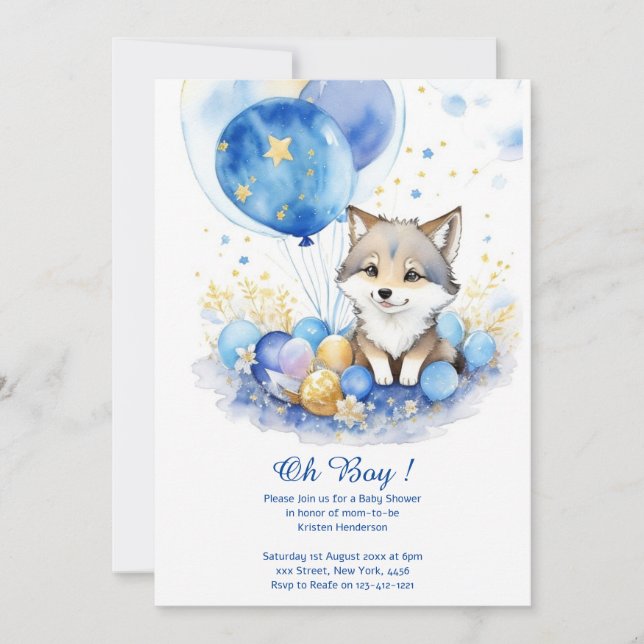 Cute Wolf Watercolor Boy Baby Shower Invitation (Front)