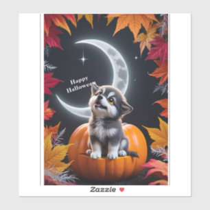 Cute Wolf with Crescent Moon Nighttime Autumn Scen