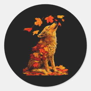 Cute Wolf With Fall Leaves Forest Animal Autumn Ae Classic Round Sticker