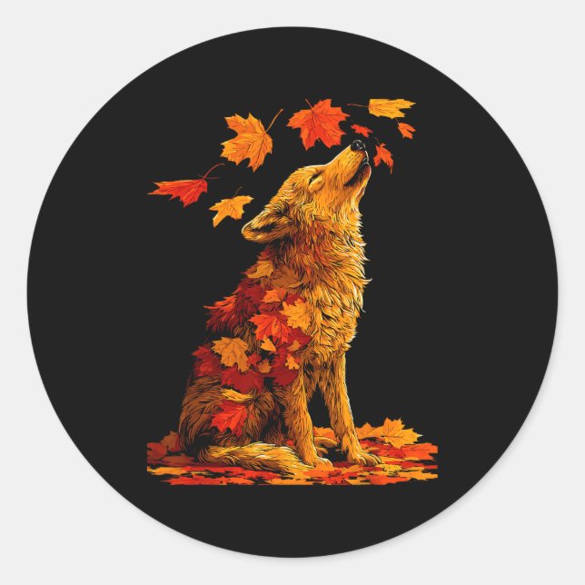 Cute Wolf With Fall Leaves Forest Animal Autumn Ae Classic Round Sticker (Front)