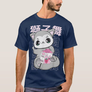 Cute Wolf With Strawberry Milk Bubble Tea For Boba T-Shirt