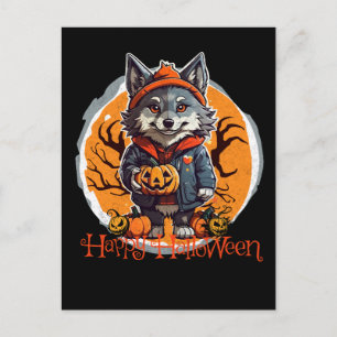 Cute Wolfie with Pumpkins Happy Halloween Vibes Postcard