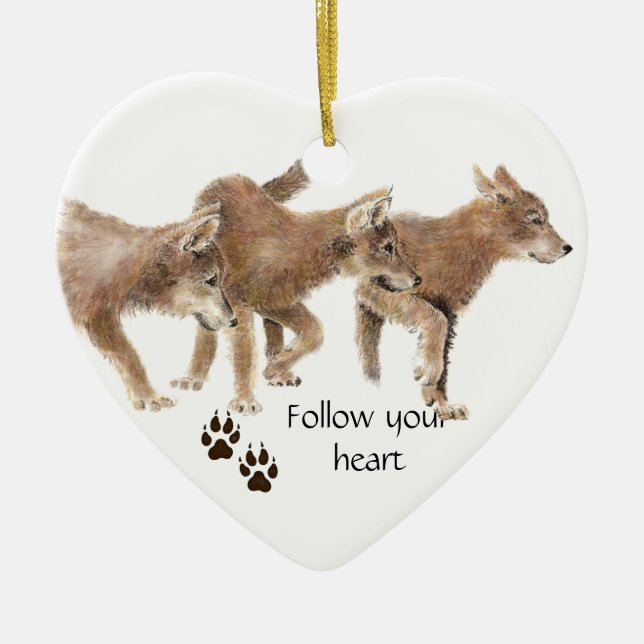Cute Wolves Follow Your Heart Motivational Quote Ceramic Tree Decoration (Front)