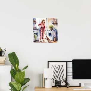 Cute Woman in Pyjamas Doing Laundry Adorable Poster