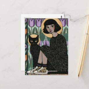 Cute woman sitting with her cat postcard