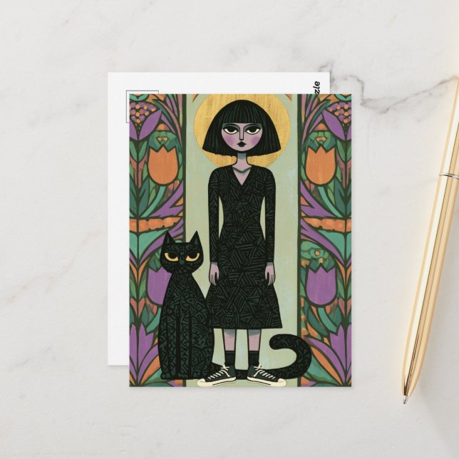 Cute woman with her black cat with long tail postcard (Front/Back In Situ)