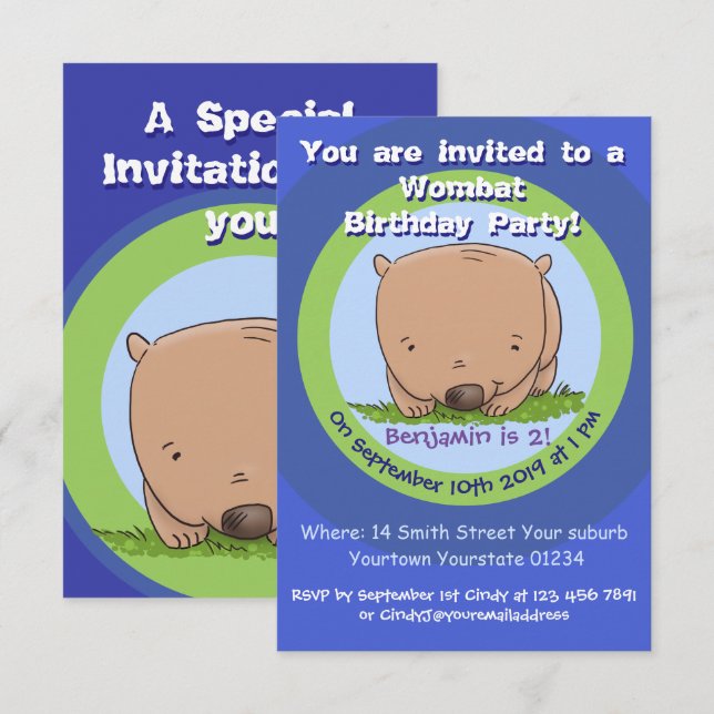 Cute wombat cartoon 2 years birthday invitation (Front/Back)