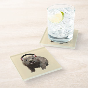Cute Wombat with Headphones Music Lover Art Glass Coaster