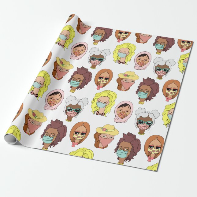Cute Women Wearing Face Masks Illustration Pattern Wrapping Paper (Unrolled)