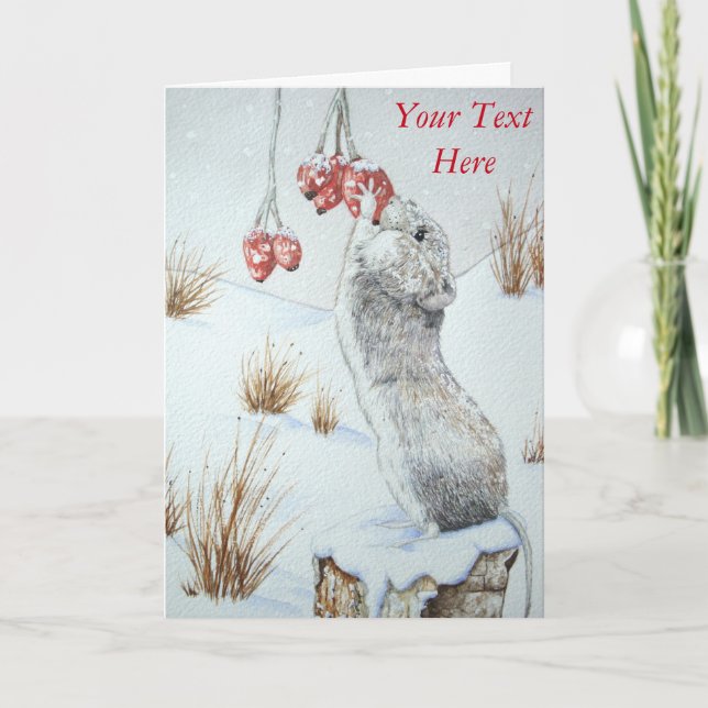 Cute wood mouse eating berries snow scene wildlife holiday card (Front)