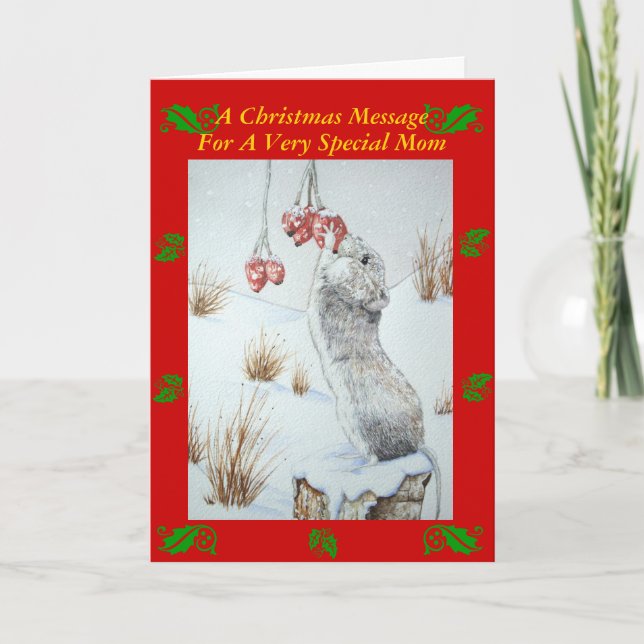 cute wood mouse snow scene verse for mum christmas holiday card (Front)
