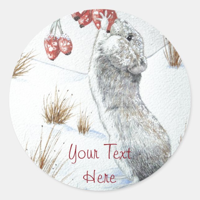 cute wood mouse snow scene wildlife christmas classic round sticker (Front)