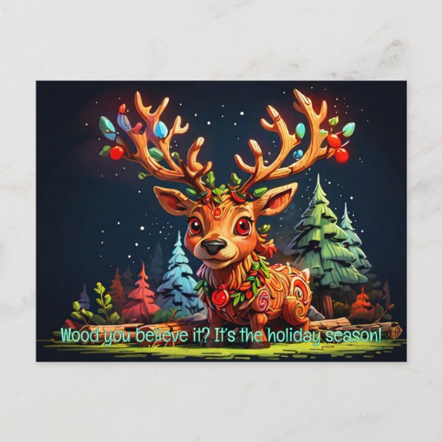 cute wooden reindeer tree background holiday postcard (Front)