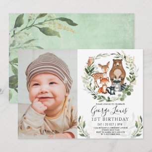 Cute Woodland 1st Birthday Forest Friends Party Invitation