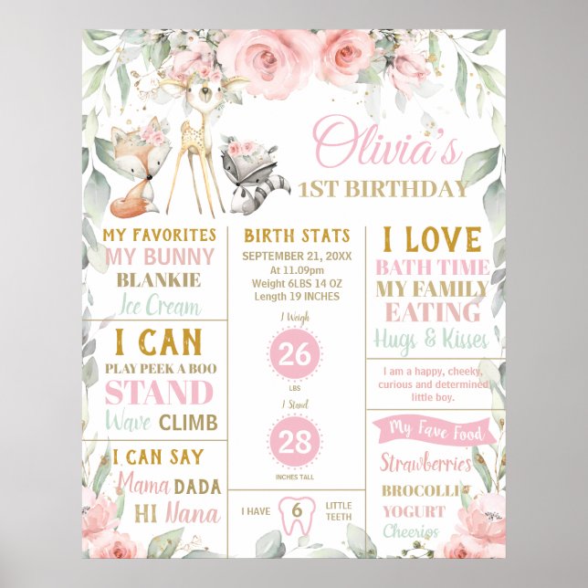 Cute Woodland 1st Birthday Milestone Birth Stats  Poster (Front)