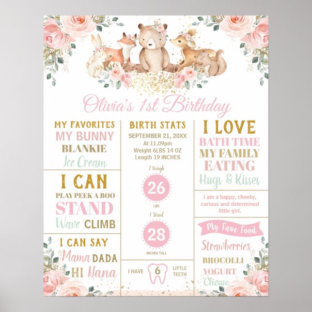 Cute Woodland 1st Birthday Milestone Birth Stats Poster (Front)