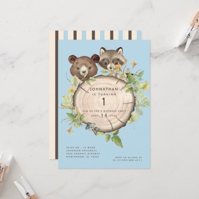 Cute Woodland Animal 1st Birthday Party Invitation (Front/Back In Situ)
