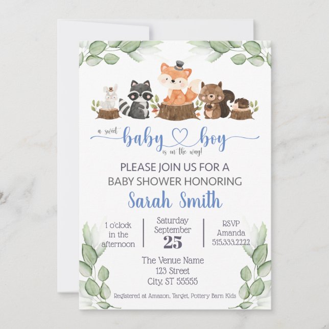 Cute Woodland Animal Baby Boy Shower Invitation (Front)